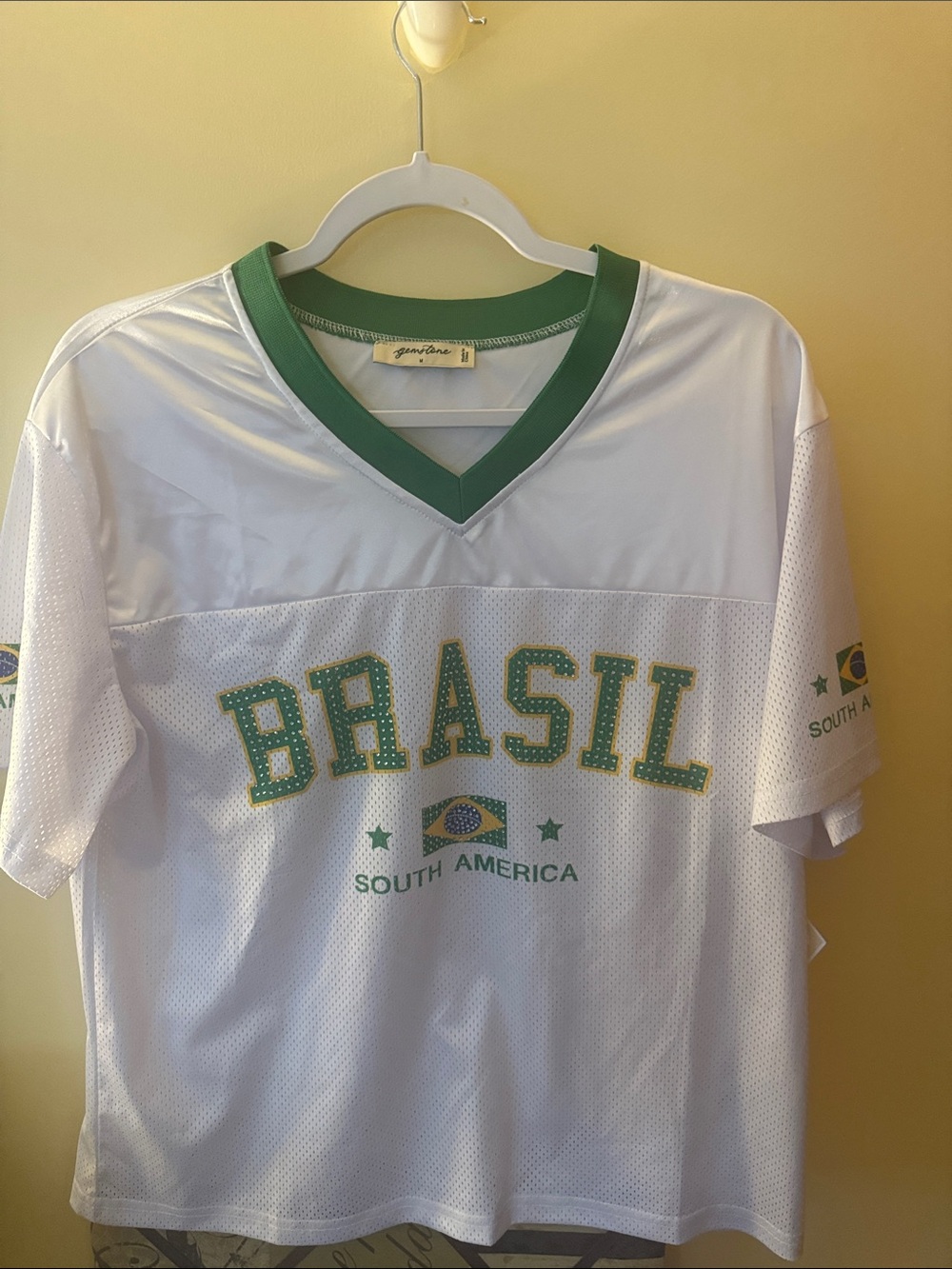 Brasil White & Green V-Neck Jersey Top